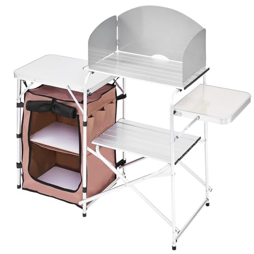 Camping Kitchen Table, Folding Outdoor Cooking Table with Storage Bag, Aluminum Cook Station, Quick Set-up for Picnics, BBQ, RV Traveling Brown k7