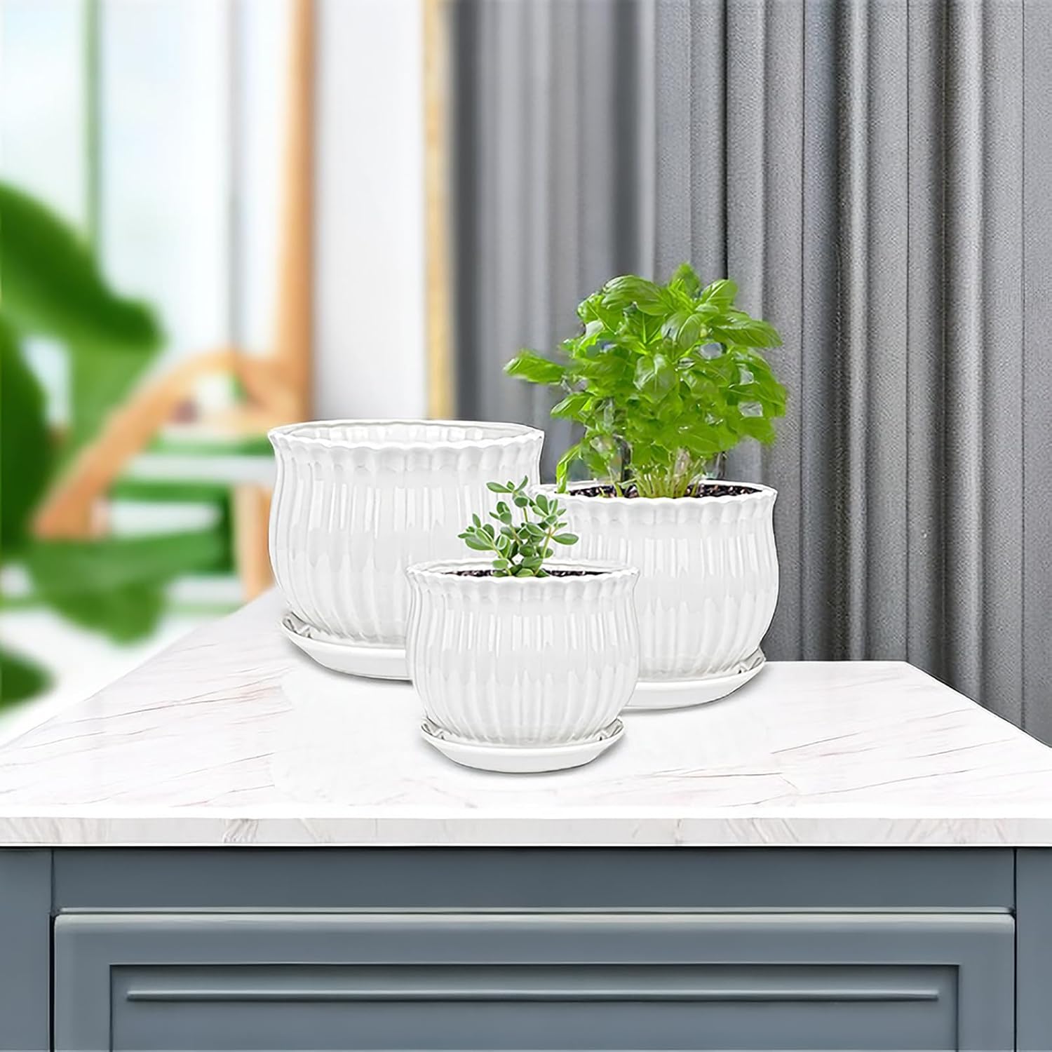 Ceramic Flower Plant Pots with Saucer, Set of 3, White Stripe Texture g7