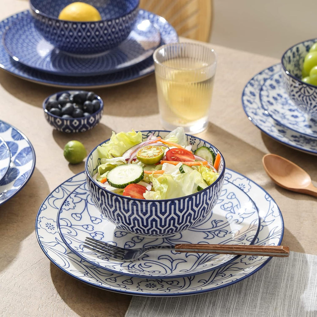 Ceramic Dinnerware Set 12 Piece with Saucers, Vintage Blue k7
