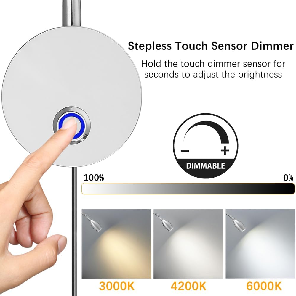 Dimmable LED Wall Reading Lamps, Flexible Gooseneck, 3 Color Modes, Set of 2 k7