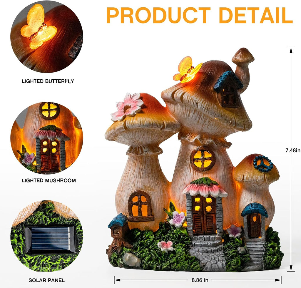 Mushroom Fairy House Solar Garden Statue Light A7