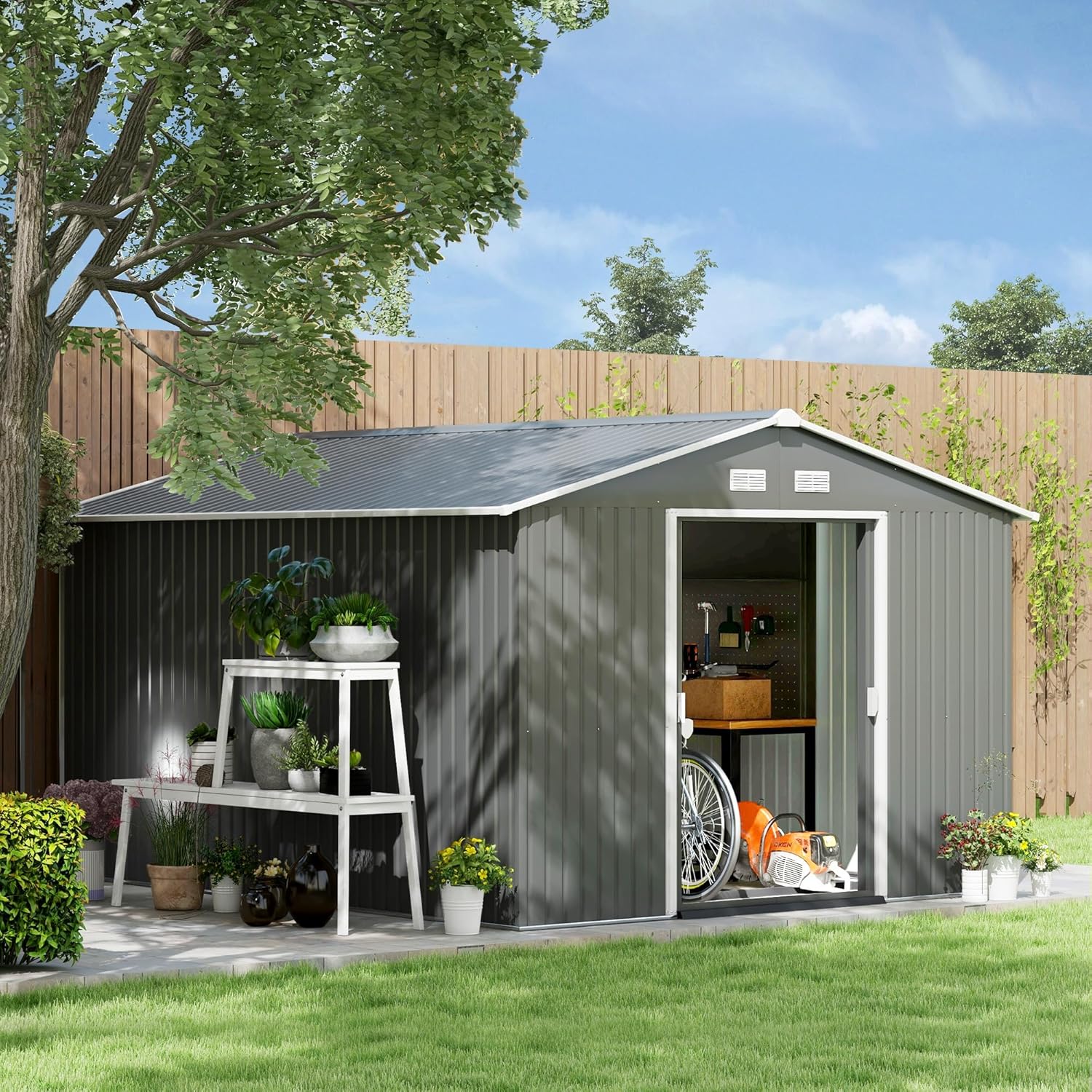 Outdoor Storage Shed 11x9 ft with Foundation Kit and Sliding Doors G7