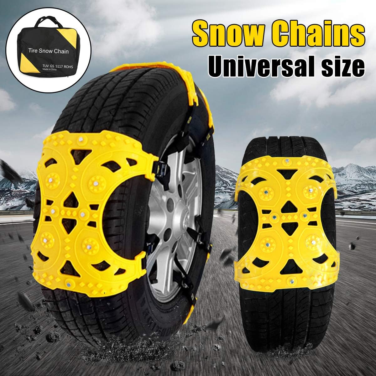 Jeremywell Universal Tire Security Snow Chains - Premium Quality Strong Durable All Season Anti-Skid Car, SUV, and Pick Up Patterned Tire Chains for Emergencies and Road Trip Pack of 6
