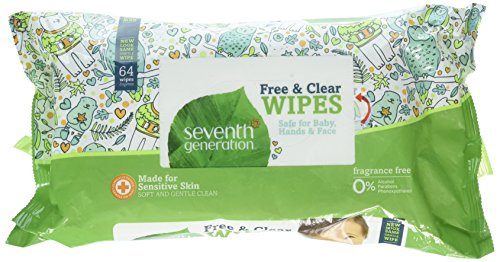 Seventh Generation 34208CT Free & Clear Baby Wipes, Unscented, White, 64 Wipes Per Pack (Case of 12 Packs)