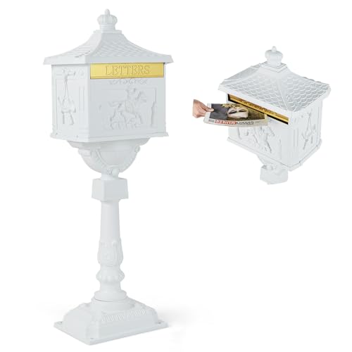 Giantex Cast Aluminum Mailbox with Post - Locking Residential Mailboxes for Outside with Keys, Baffle Door, Expansion Bolts, Address Panel, In-Ground Rust-proof Large Security Postal Mailbox (Black)