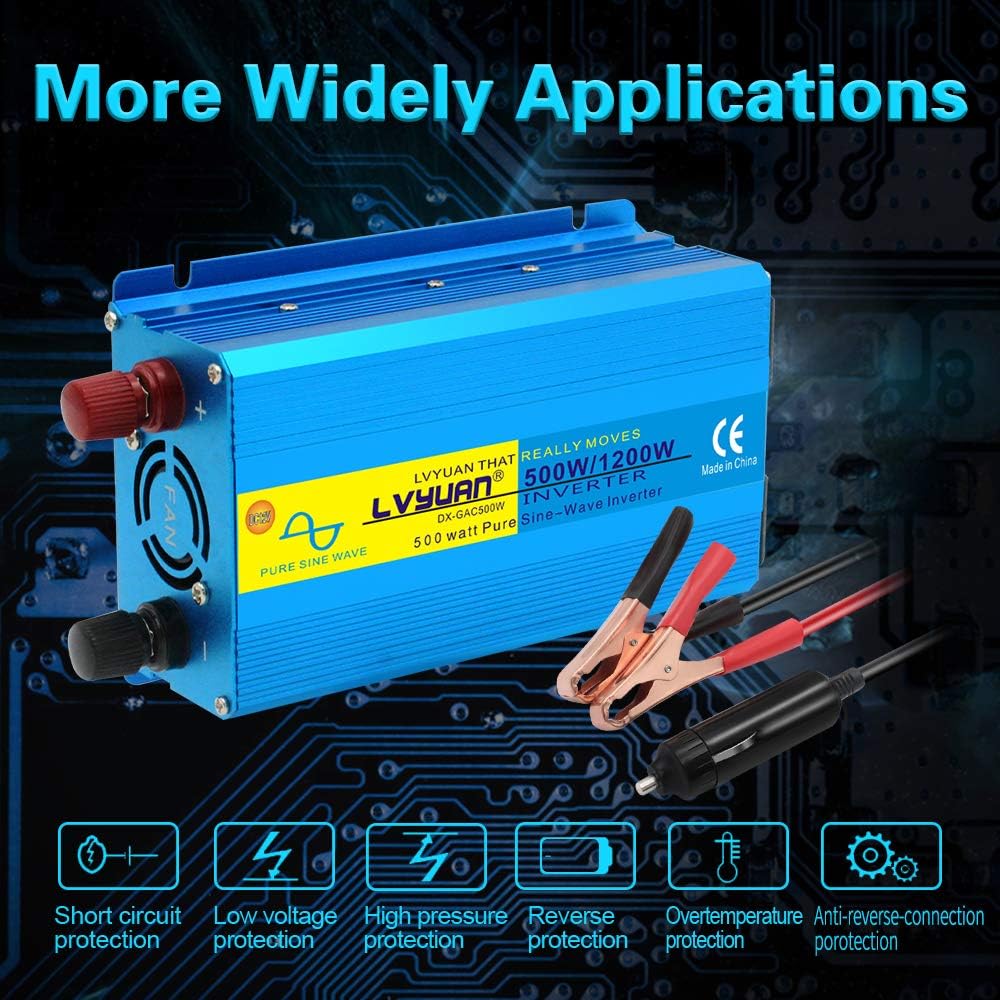 500W Pure Sine Wave Power Inverter Car Adapter DC 12V to AC 110V Dual USB Ports Cigarette Lighter Plug 2 Pack k7