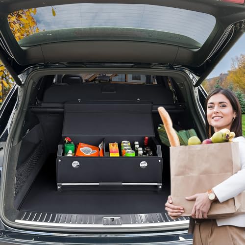 Car Organizer Trunk, Collapsible Leather with Lid, Auto Cargo Storage a7
