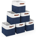Cube Storage Baskets 6 Pack, 11x11 inch Foldable Cube Storage Bins with Leather Handles for Shelf Closet Nursery Toys (White/ Blue)