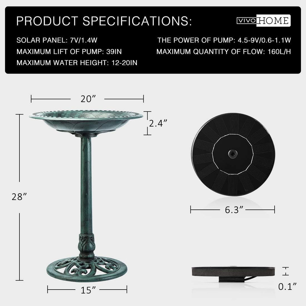 Outdoor Garden Bird Bath Solar Fountain with Wrought Iron Stand 7k