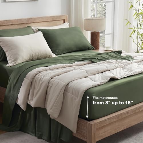 Queen Sheets Set, Cooling Bamboo Bedding, Deep Pocket, Dark Green K7