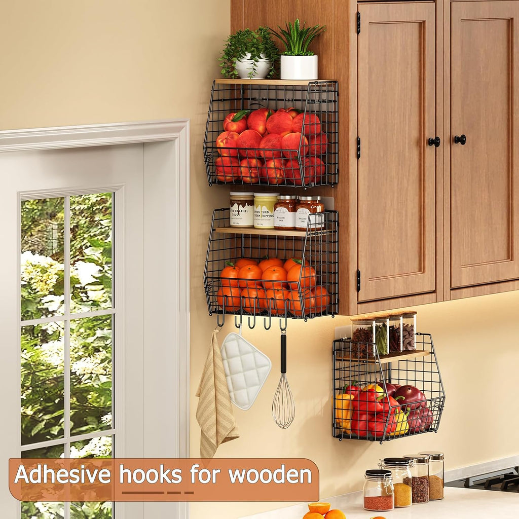 Hanging Kitchen Baskets 3 Pack with Wood Lid A7