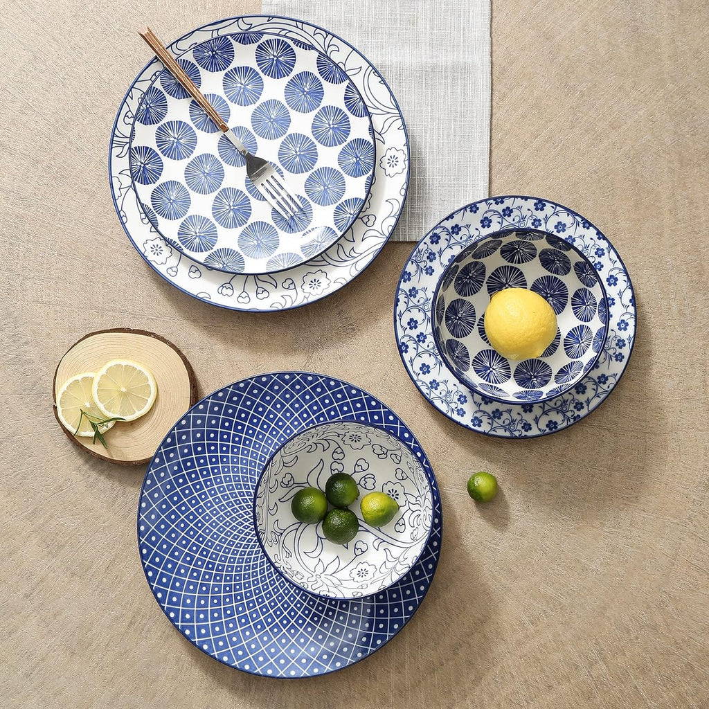 Ceramic Dinnerware Set 12 Piece with Saucers, Vintage Blue k7