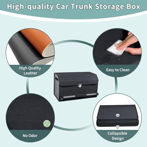 Car Organizer Trunk, Collapsible Leather with Lid, Auto Cargo Storage a7