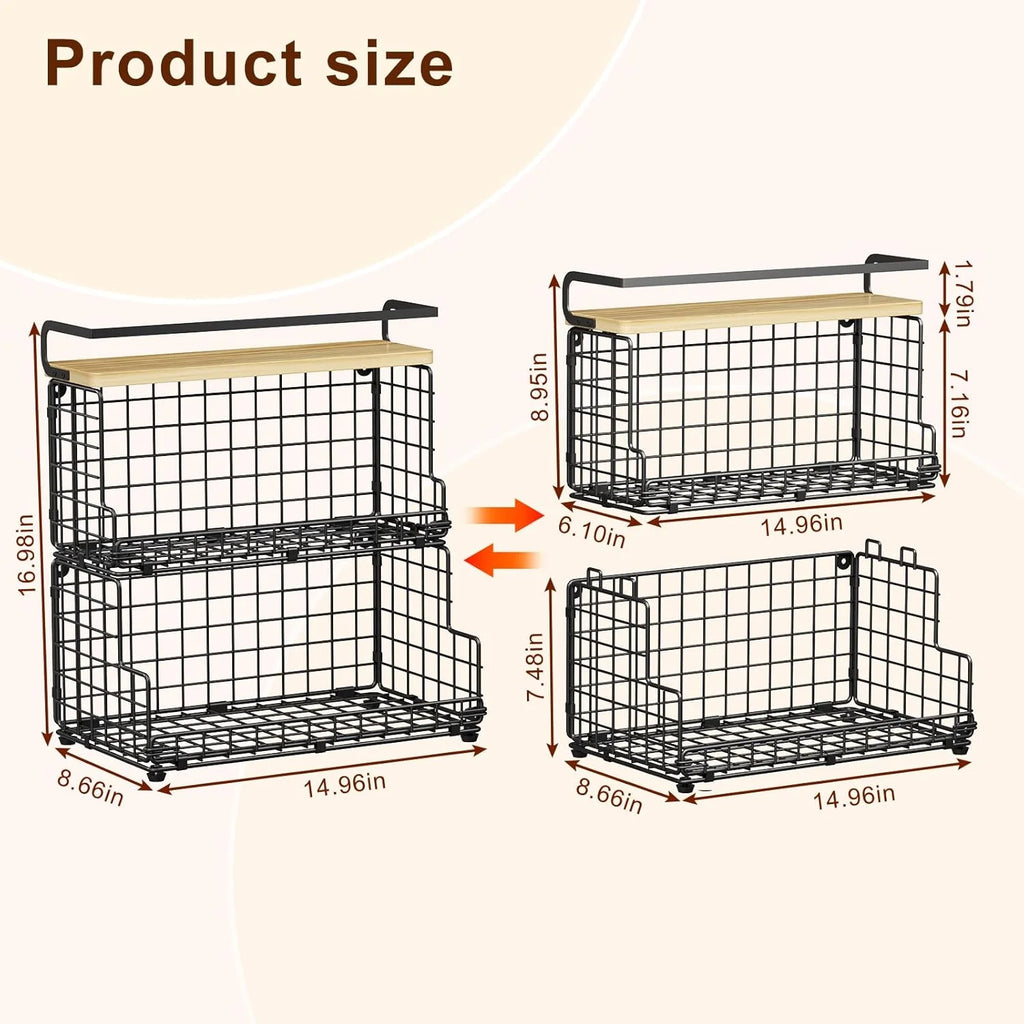 Tiered Snack Organizer with Wood Top, Metal Basket a7