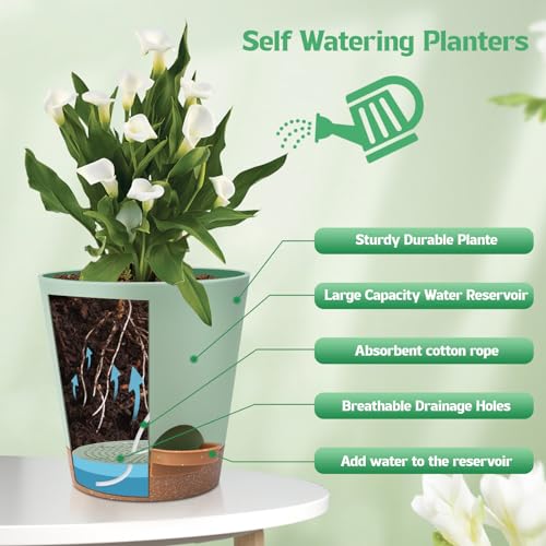 Self-Watering Plant Pots with Drainage Hole and Saucer 8-5 Inch K7