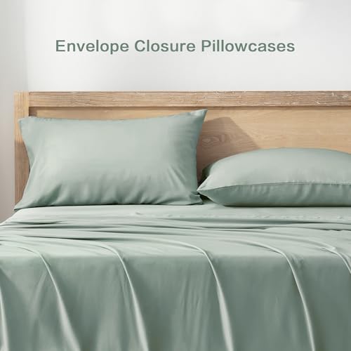 Queen Sheets Set, Cooling Bamboo Bedding, Deep Pocket, Dark Green K7