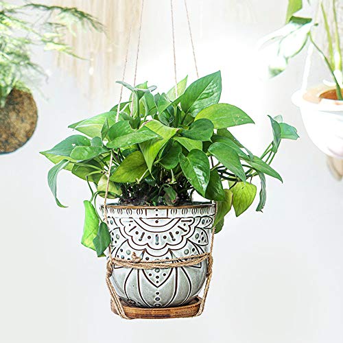 Retro Ceramic Planter Pot with Bamboo Tray, Set of 2 k7