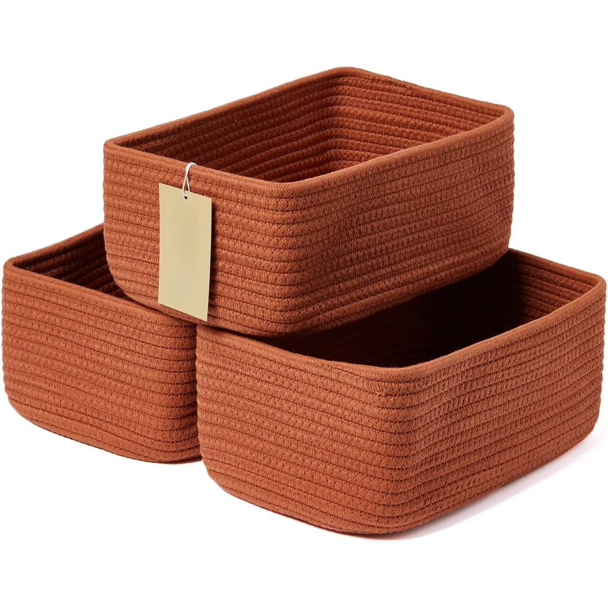 AllWays Plaza Small Storage Baskets for Organizing | Closet Organizer Bins | Shelf Toy Basket | Woven Rope Baskets | Cube Decorative Box | Shallow Basket | 11.5x7.5x4.7” | 3 Packs Oxide Red