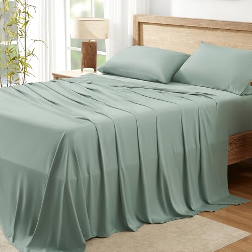 Queen Sheets Set, Cooling Bamboo Bedding, Deep Pocket, Dark Green K7