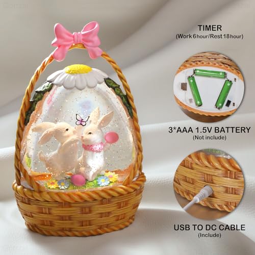 Easter Snow Globe Lantern with Timer Swirling Glitter, Indoor Decor A7