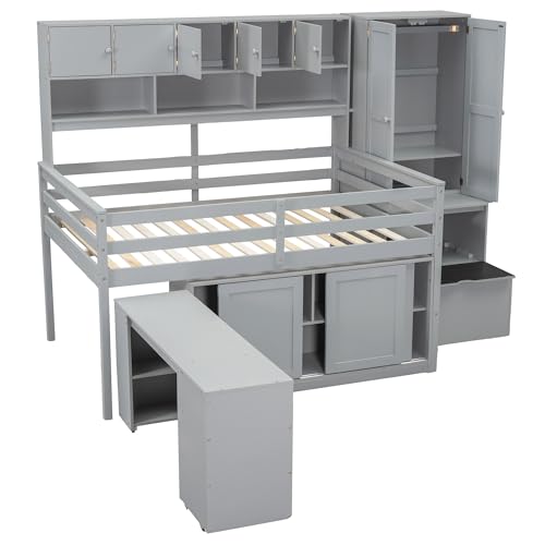 Solid Wood Twin Loft Bed with Storage Staircase and Desk 7k