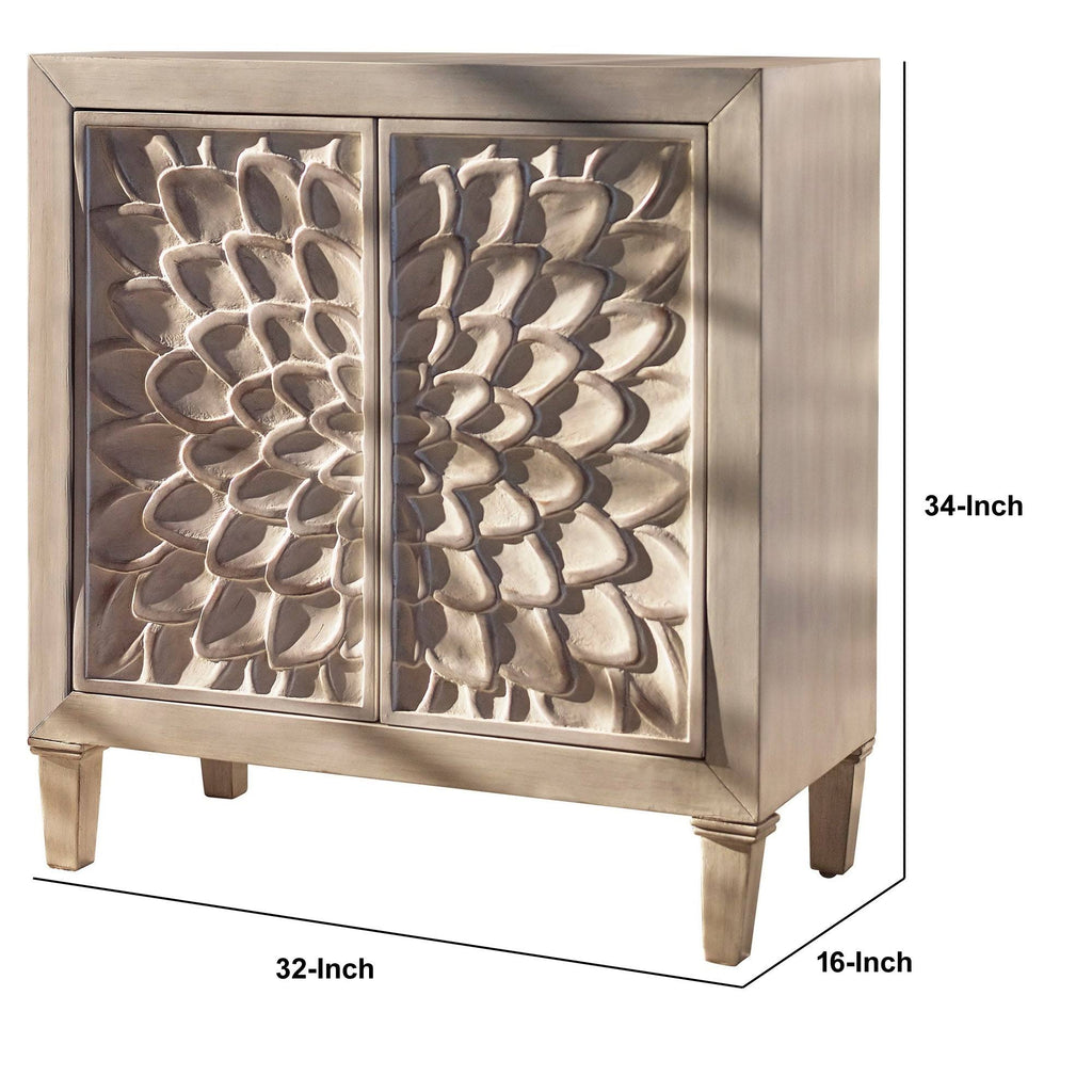 Wooden Accent Cabinet with Floral Carving, Distressed Brown k7