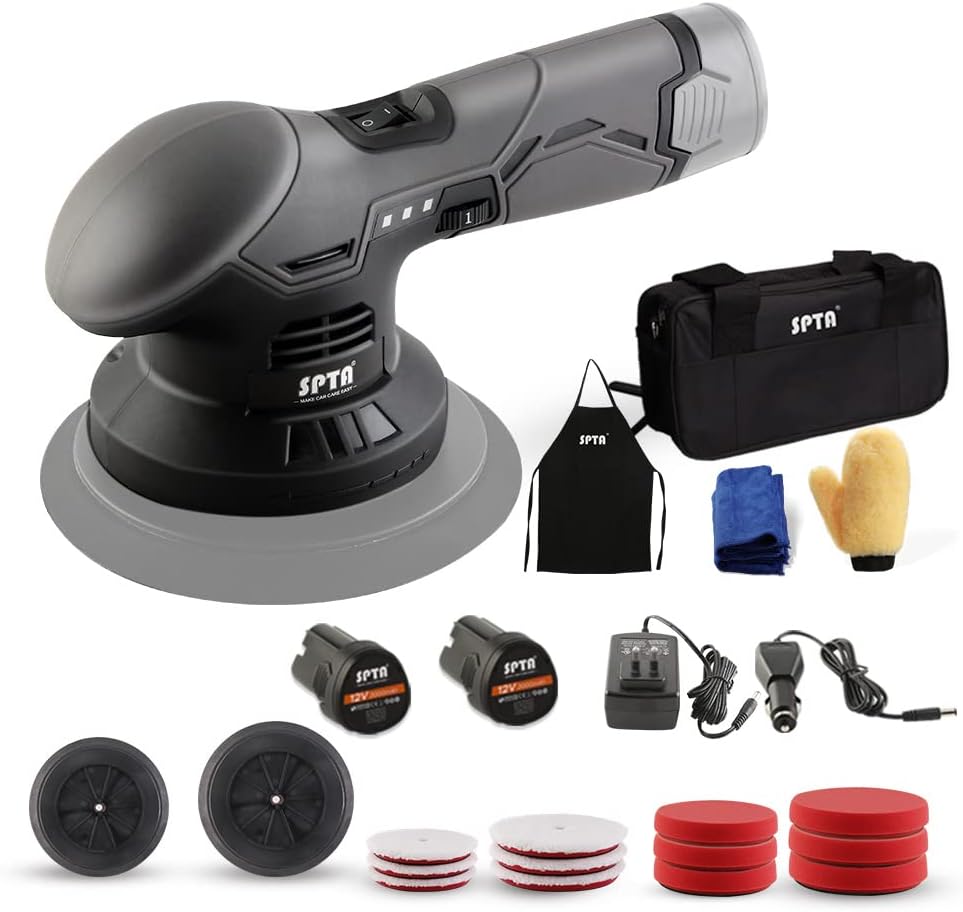 Cordless Car Buffer Polisher, SPTA Polisher with 2Pcs 12V Lithium Rechargeable Battery Brushless Polisher with Variable Speed, 2.0Ah Portable Buffer Polishing Pads Kit For Buffing/Polishing/sanding
