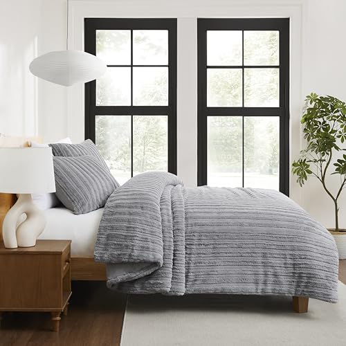 Plush Faux Fur Comforter Set with Pillow Shams, Full/Queen, Seal Grey k7