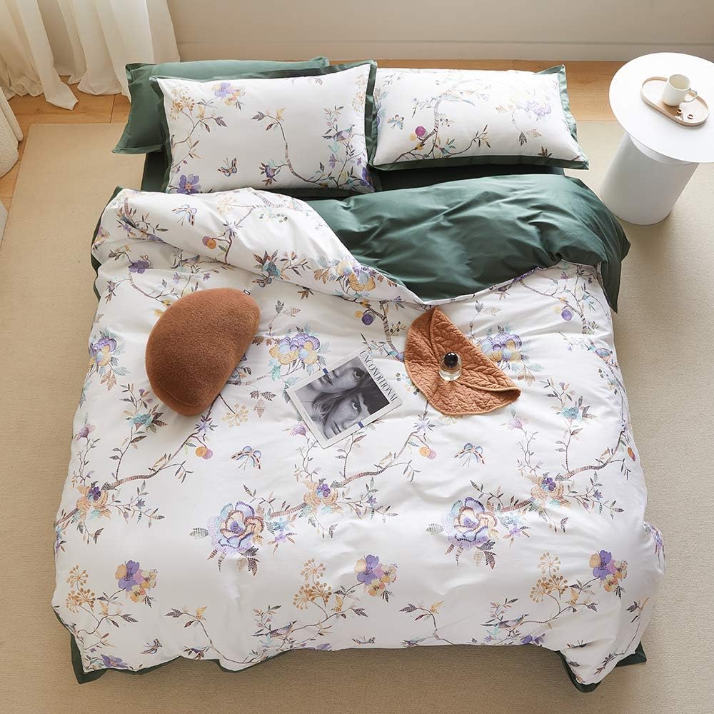 Duvet Cover Set with Zipper Queen White Green Leaves a7