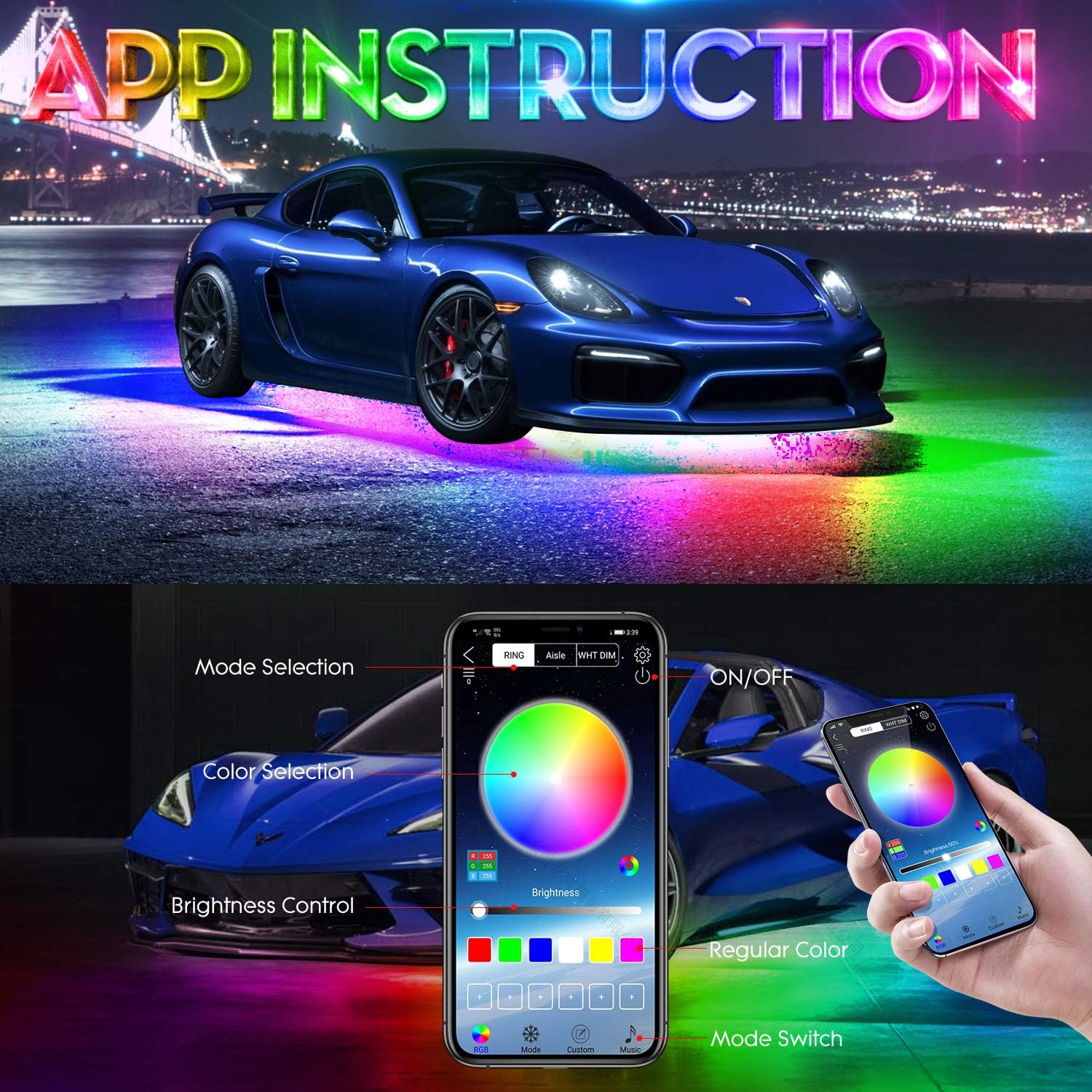 Car Underglow Lights 216-LEDs APP Control IP68 12V a7