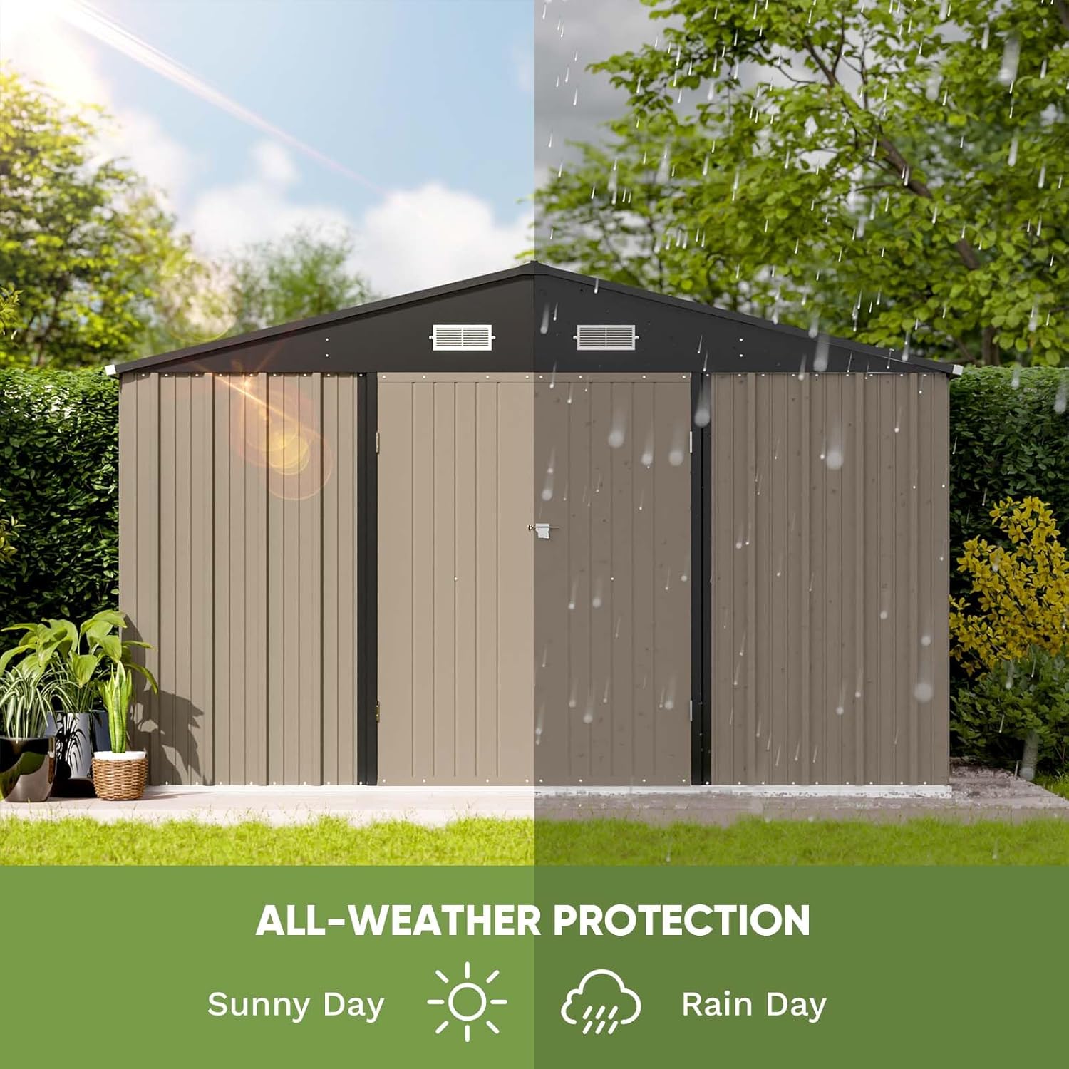 10 x 8 FT Outdoor Storage Shed, Metal Garden Tool Shed with Sloping Roof a7