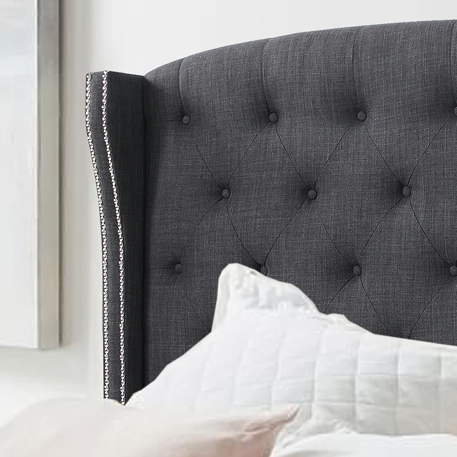 Linen Upholstered Wingback Headboard Full Charcoal K7m