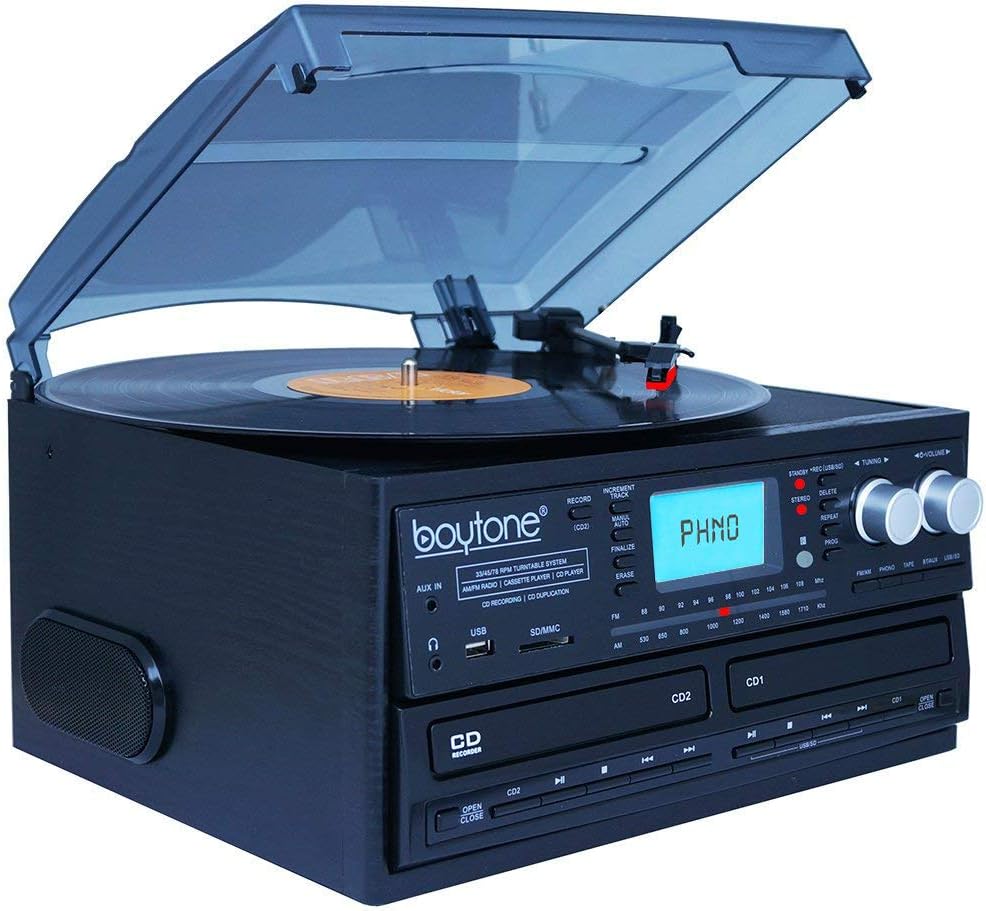 Bluetooth Dual CD Player Recorder Turntable with AM/FM Radio Cassette USB AUX k7