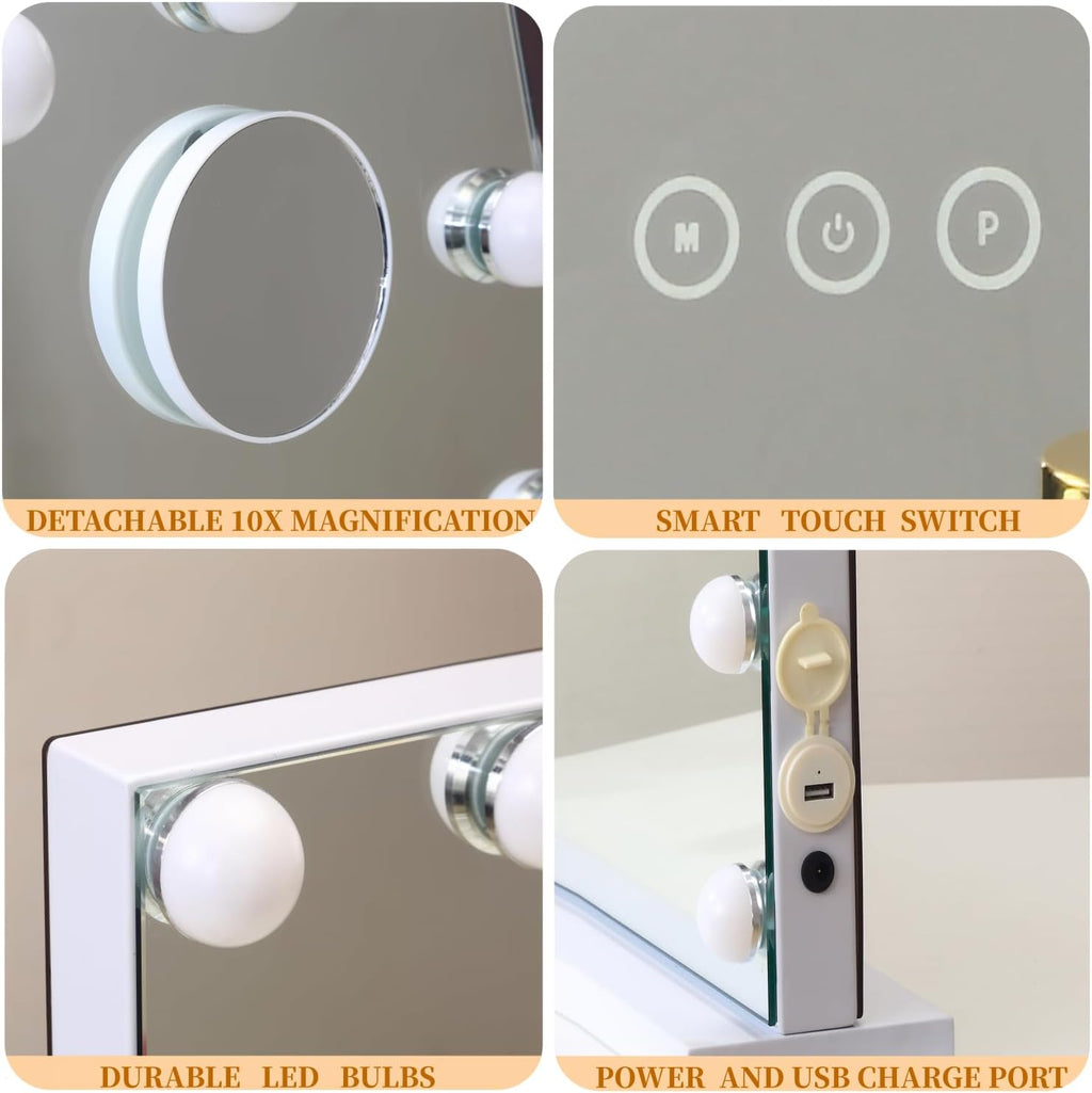 Lighted Vanity Mirror 15 Dimmable Bulbs 3 Color Modes Detachable 10x Magnification Off White k7