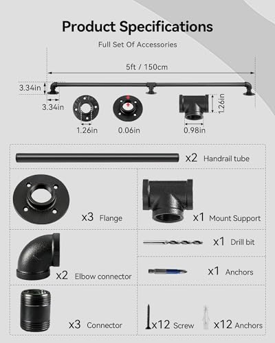 Wall Handrail 4ft for Stairs, Black Metal Indoor Outdoor a7