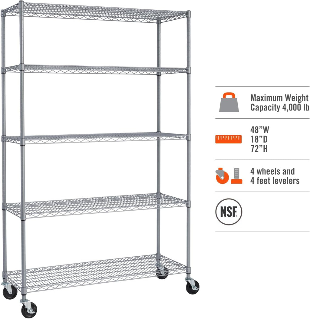 Heavy Duty 5-Tier Adjustable Wire Shelving with Wheels, Gray, 48" W x 18" D x 72-77" H k7