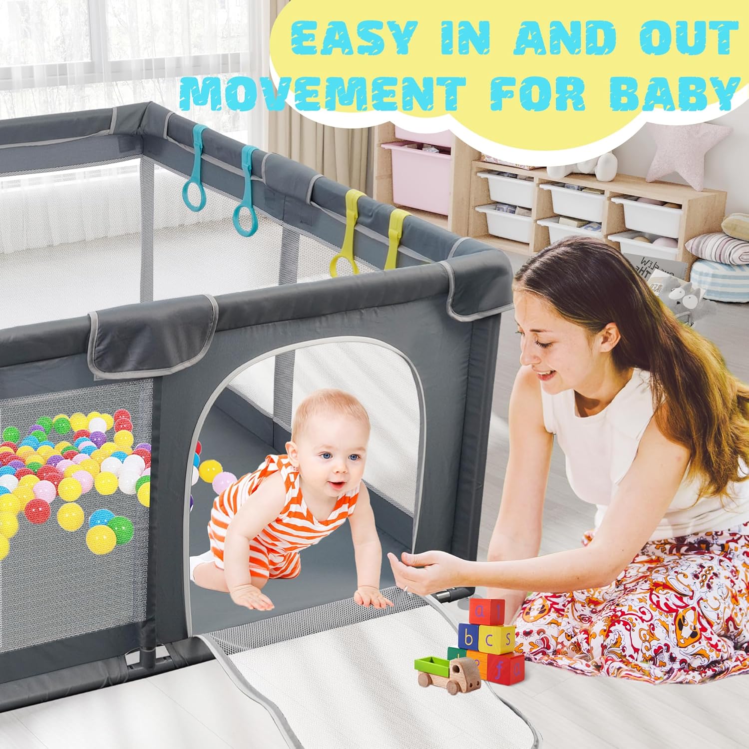 Kids Playpen for Babies, Large Square Indoor & Outdoor, Easy Assembly Mesh Fence 50x50 Grey k7