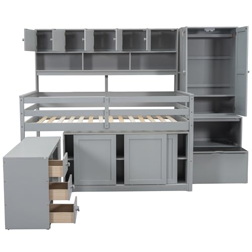 Solid Wood Twin Loft Bed with Storage Staircase and Desk 7k