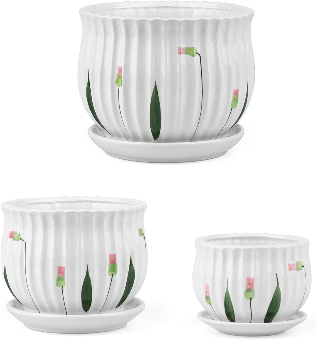 Ceramic Plant Pots Set of 3 with Saucers a7