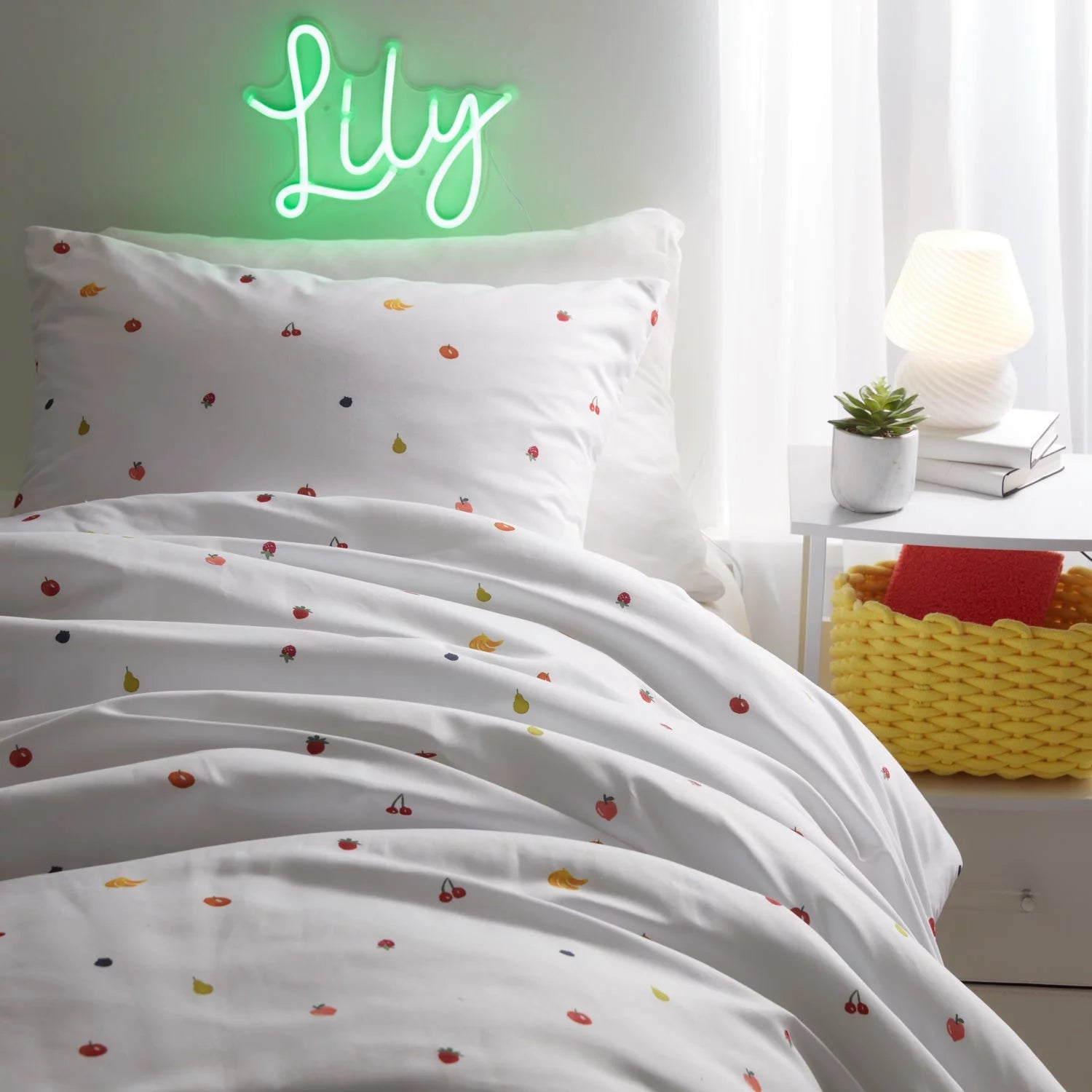 Dormify Fruit Showers Comforter and Sham Set, White & Rainbow Fruits, Full/Queen, Dorm & College Essentials
