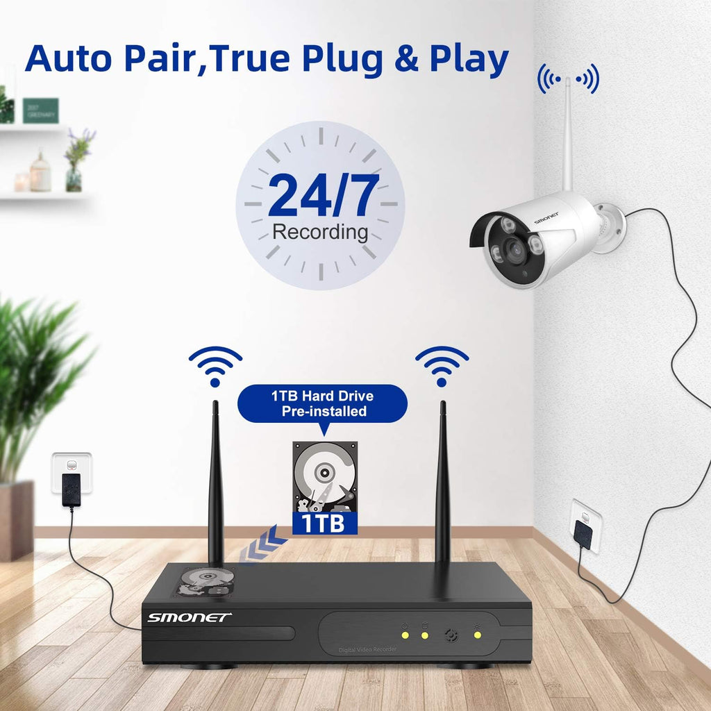 Wireless Security Camera System with 12" Monitor 2TB Hard Drive, 8 Channel NVR, 4 Cameras Night Vision k7