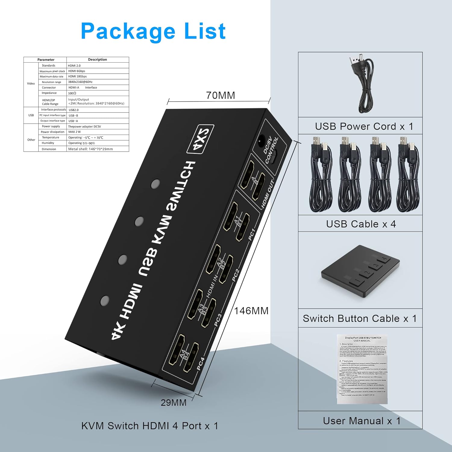 Dual Monitor KVM Switch HDMI 4K 60Hz 4 Port 2 Monitors 4 Computers a7