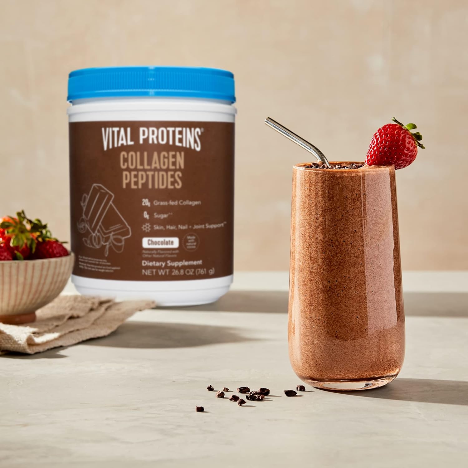 Chocolate Collagen Powder Supplement for Skin Hair Nail Joint, 27g per Serving, 26.8 oz Canister Pack of 2 k7