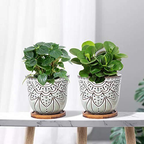 Retro Ceramic Planter Pot with Bamboo Tray, Set of 2 k7