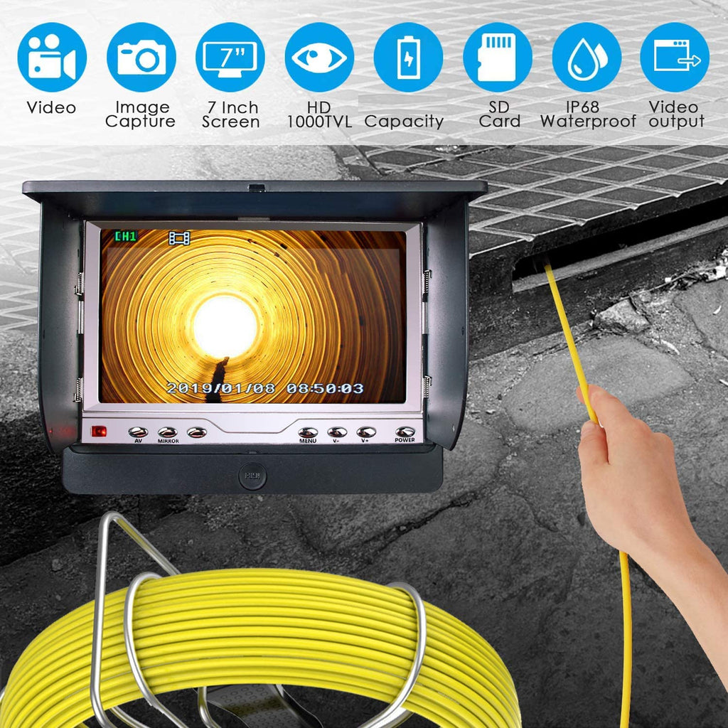 Sewer Inspection Camera with 7" Screen, 100ft Cable, LED Lights A7