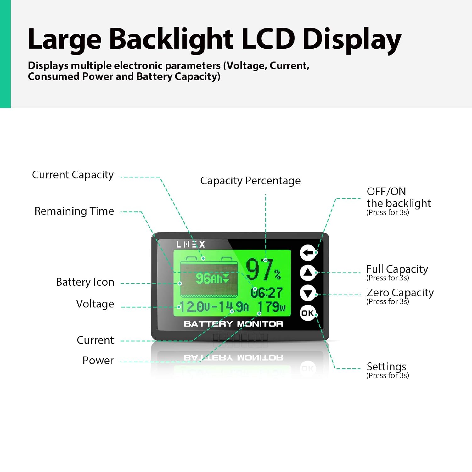 Portable Battery Monitor with Shunt, 500A, 10V-120V, Alarm, 26ft Wire k7