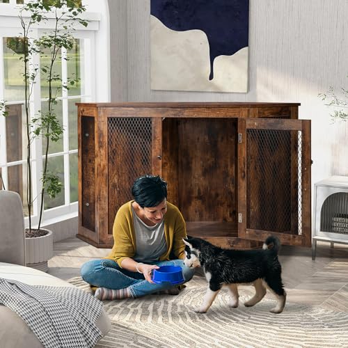 Wooden Dog Crate Furniture with Metal Mesh for Large Dogs a7