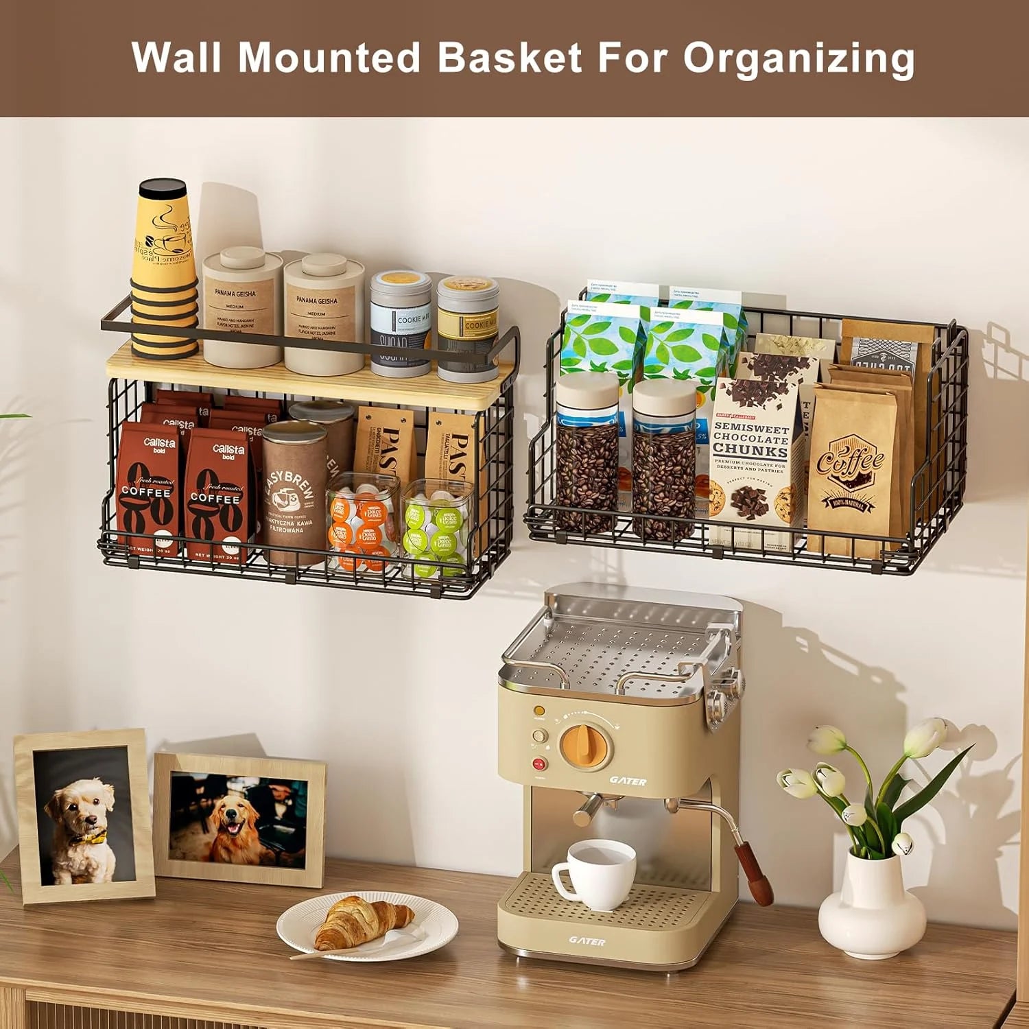 Tiered Snack Organizer with Wood Top, Metal Basket a7