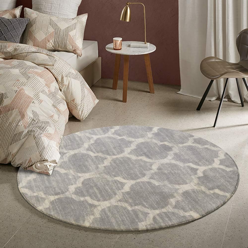 Moroccan Round Area Rug 3ft Faux Wool Non-Slip Gray k7