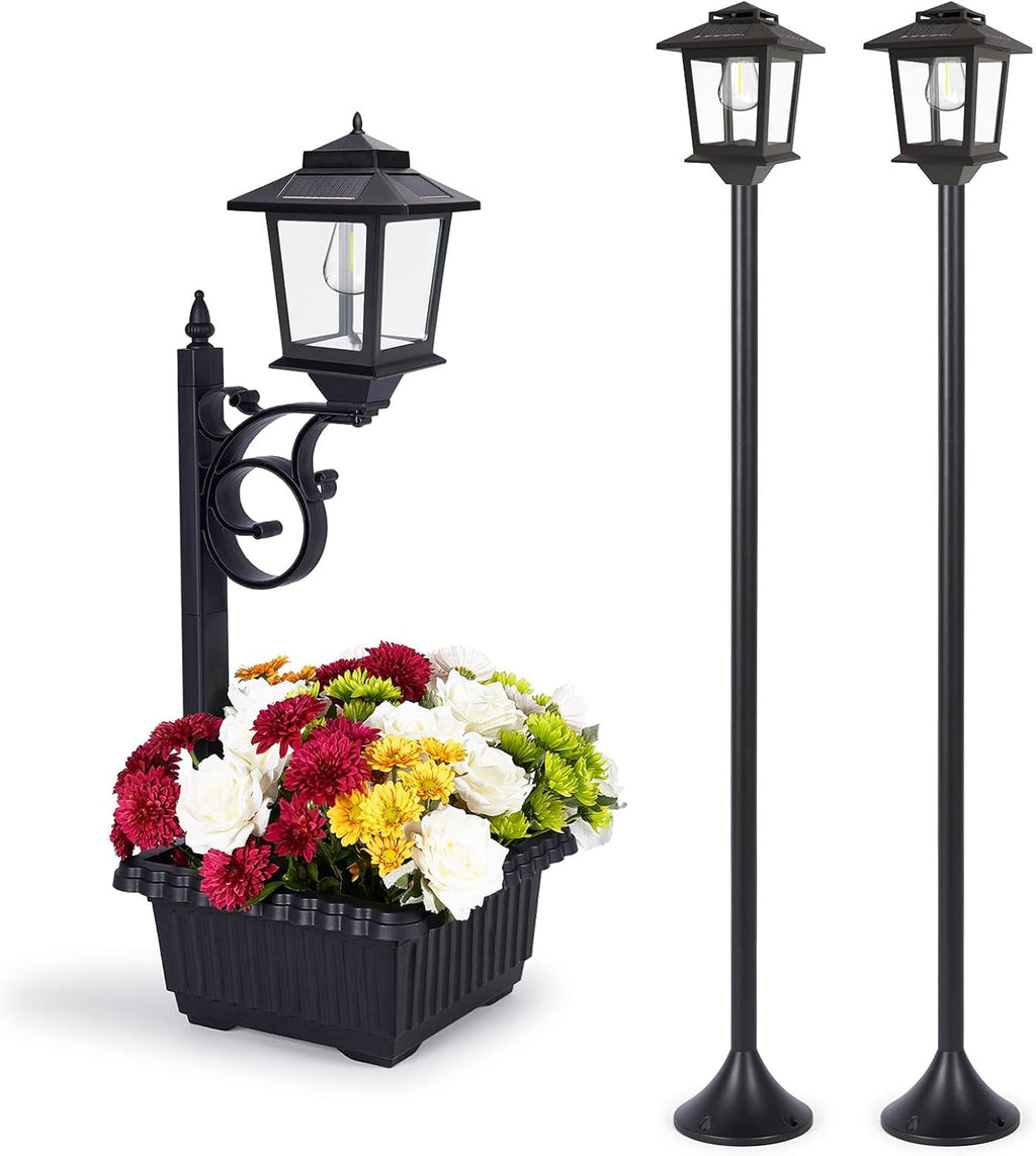 PASAMIC 63" Aluminum Solar Lamp Post Lights Outdoor 2 Pack and 2 in 1 Outdoor Solar Lamp Post Light with Planter